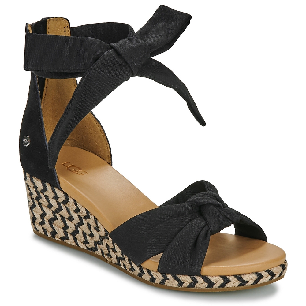 UGG Black and Tan Wedge Sandals with Ankle Wrap